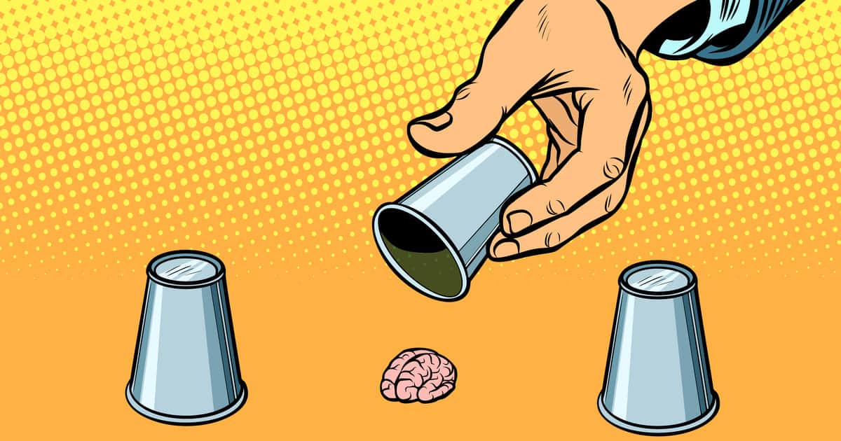 Three cups, a brain, and a hand